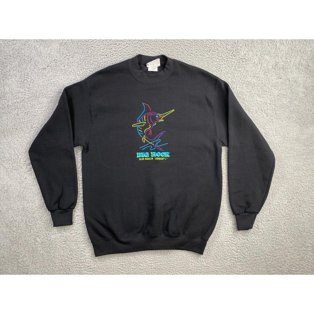 Vintage Fishing Sweatshirt Mens Medium Black Crewneck Pullover Lee Made in USA
